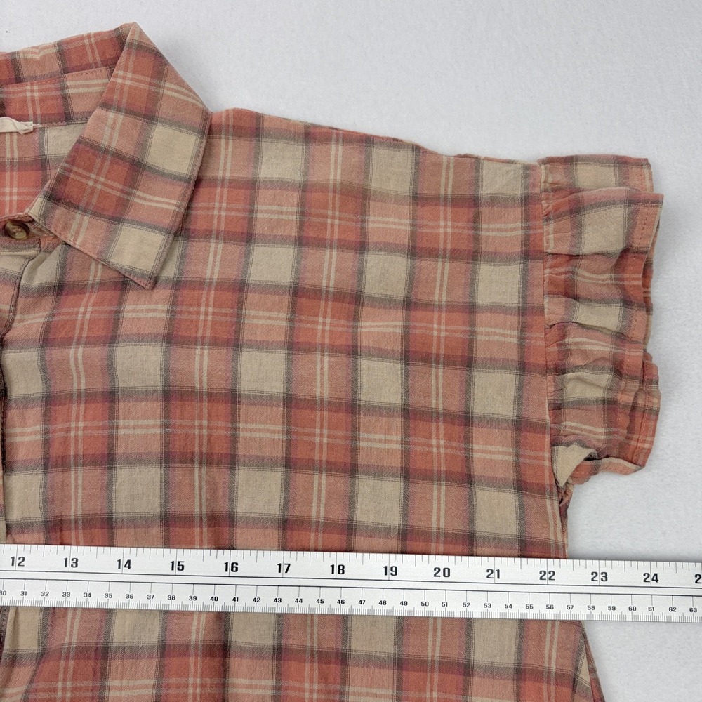 Easel Los Angeles Plaid Ruffle Cotton Babydoll Button Up Mini Dress Terracotta S - Picture 5 of 6